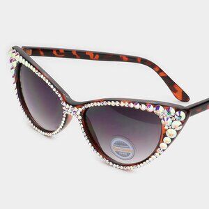 Swarovski Austrian Crystal Rhinestone Edged Brown Cateye Sunglasses NEW